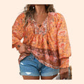 Women's Plus Size 4XL Boho Floral Blouse | Tangerine Orange Hippie Long Sleeve Top