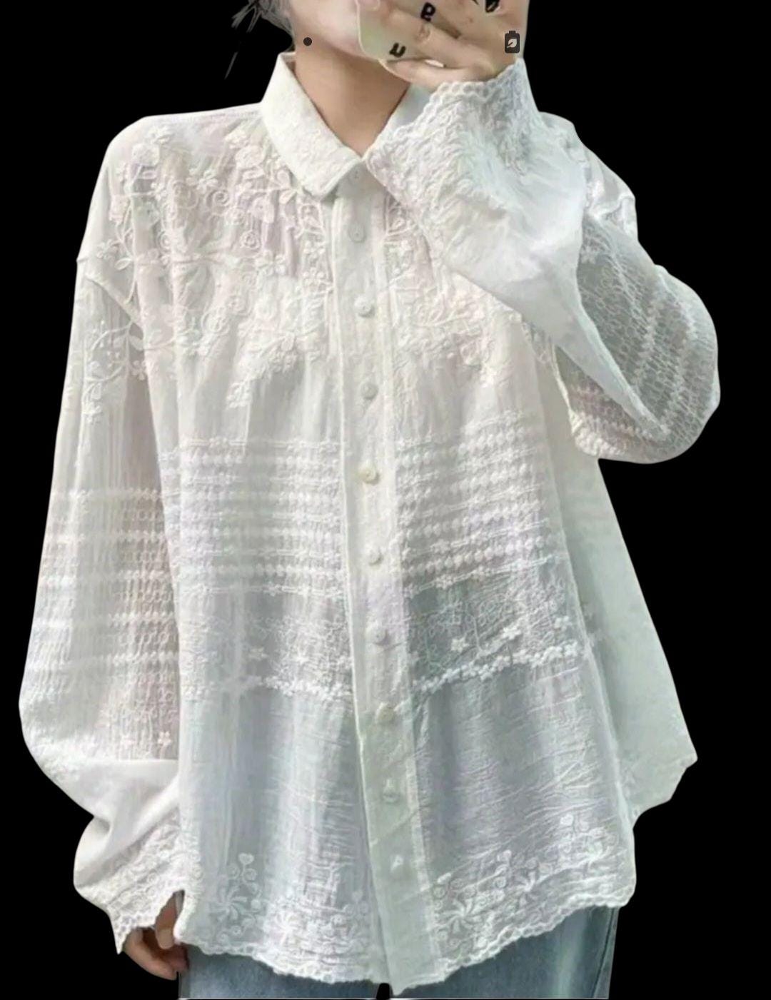 Women's Boho White 100% Cotton Button-Down Blouse – Feminine Flowy Fit – One Size
