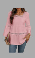 Women's Boho Peplum Blouse | Square Neck Bell Sleeve with Lace & Fringe – Size L