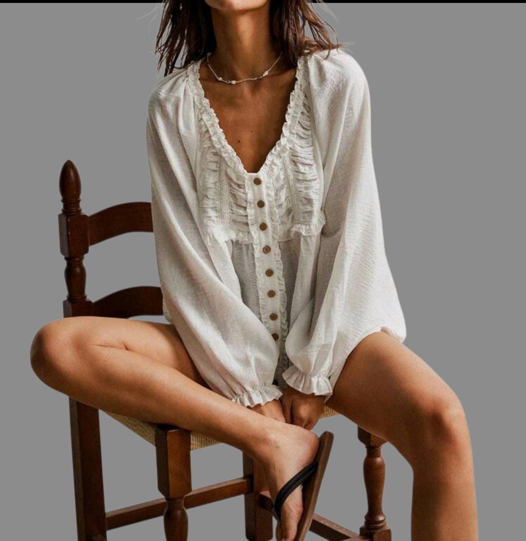 Boho White Flowy Blouse – Ruffle V-Neck, Bishop Sleeves, Relaxed Fit | Women's Large