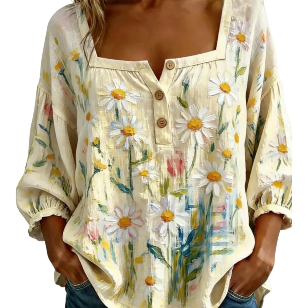 Women's Boho Blouse - Yellow Floral Print Top - Casual Boho Top - Size: M
