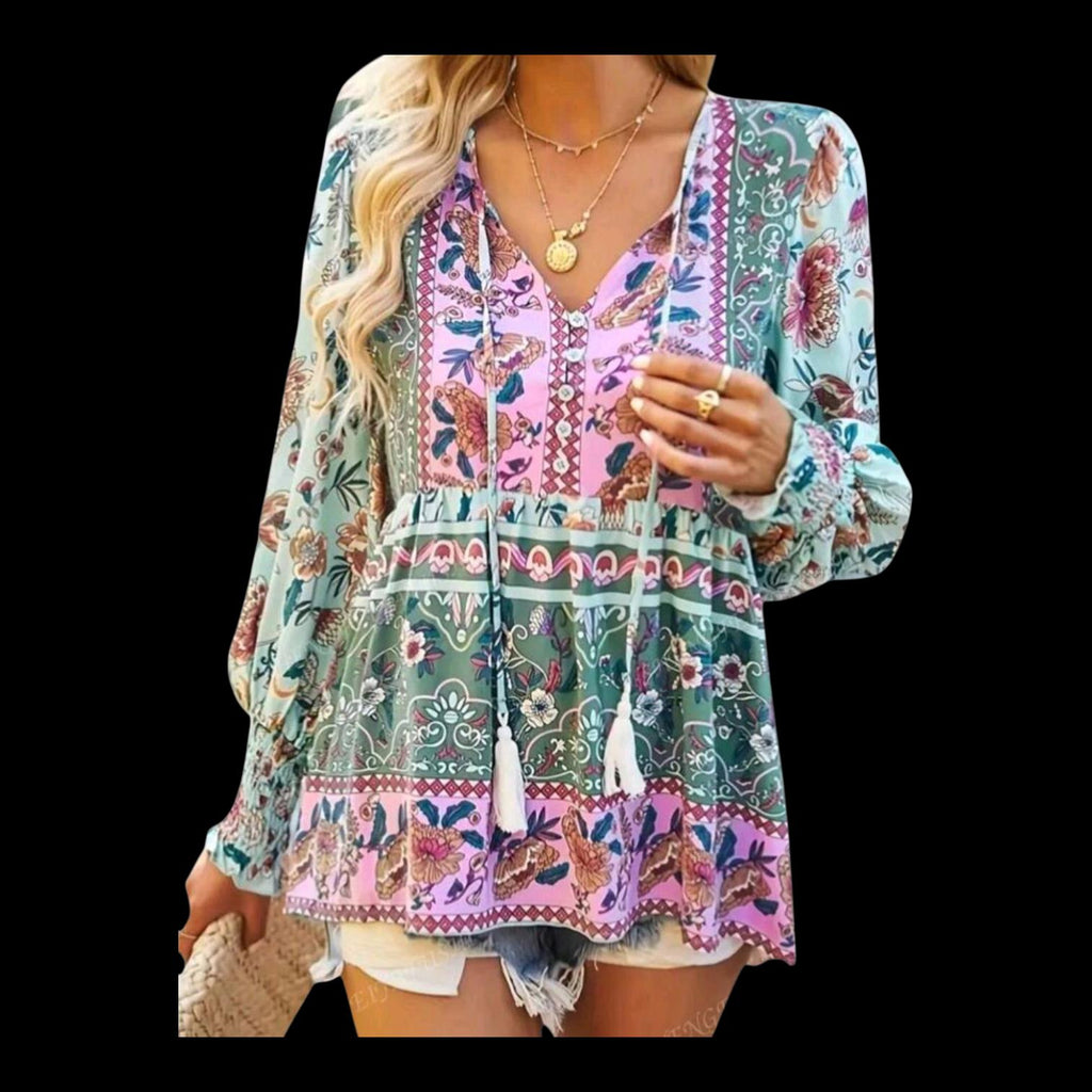 Women's Boho Peplum Tunic Top | Pink Blue Floral, V-Neck with Tassels & Buttons – Size XL