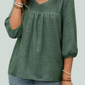 Green Boho Flowy Pleated Top – V-Neck, 3/4 Sleeves – Elegant Bohemian Style – Size L