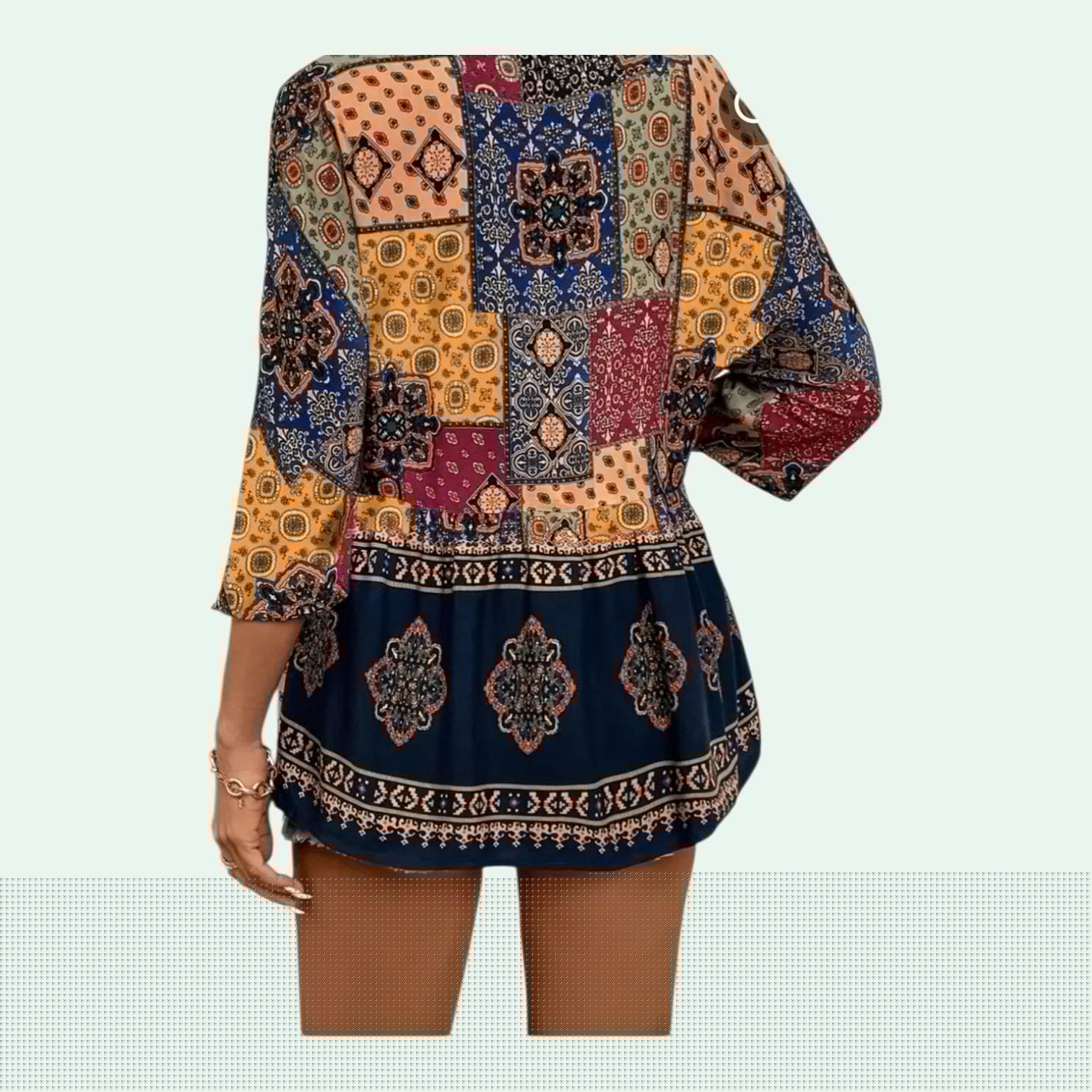Women's Boho Patchwork Peplum Top | Hippie Shirt with Ties – Size M