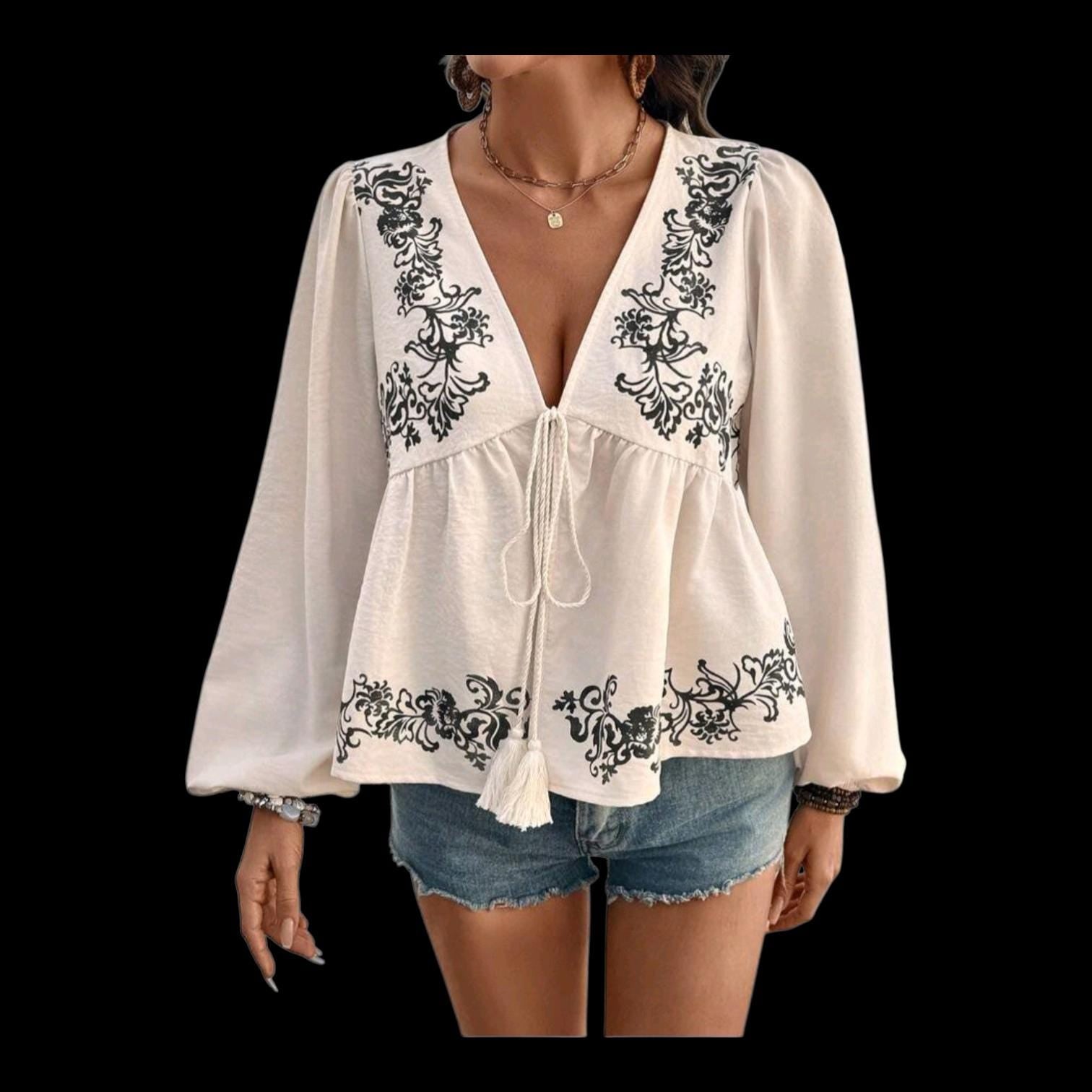 Women's Ivory & Black Boho Babydoll Top | Hippie Tassel V-Neck Blouse | Size L