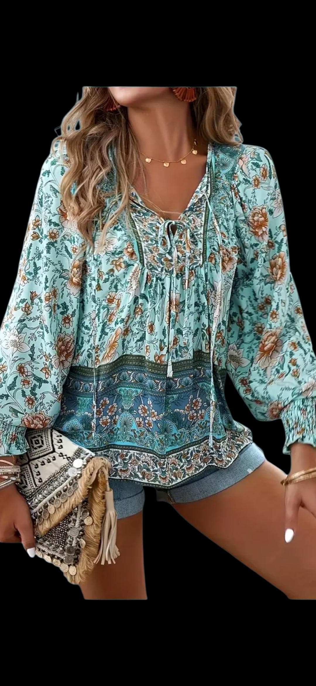 Women's Plus Size Boho Blouse | Blue V-Neck Tie Front, Long Sleeve Top (3XL / 18)