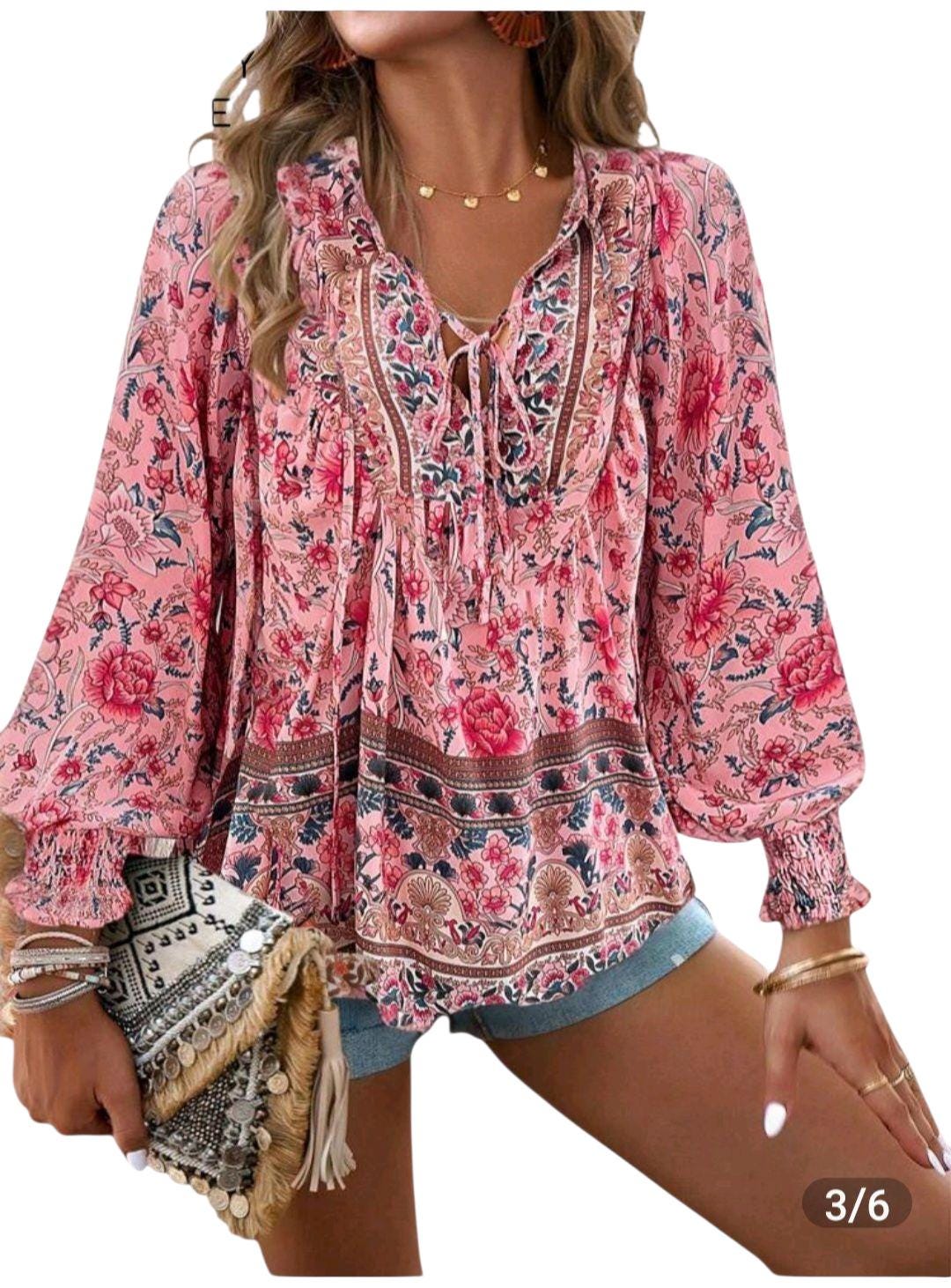 Bohemian Pink Flowy Blouse - Women's XL Loose Fit Peasant Top with Long Sleeves