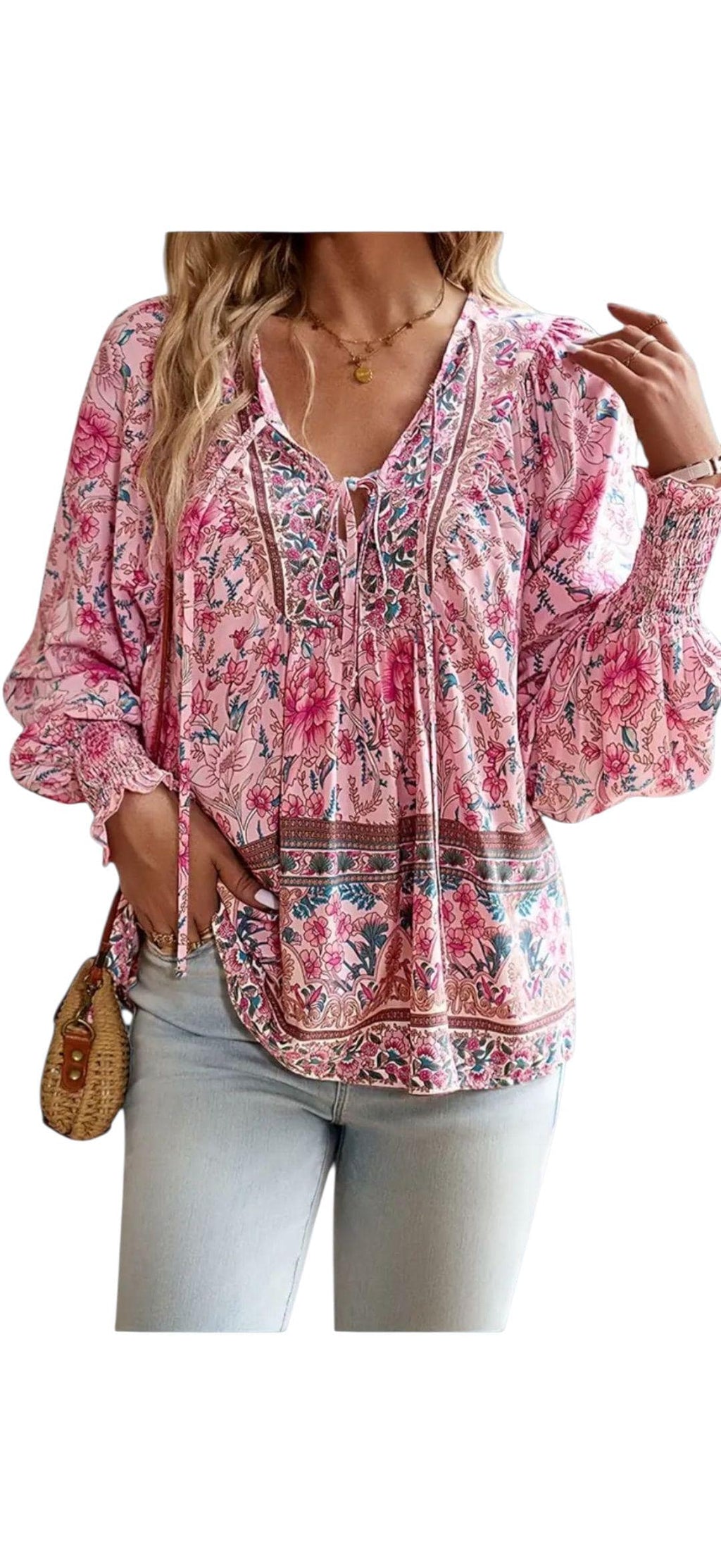 Women's Boho Pink Floral Peasant Blouse | V-Neck Long Sleeve with Ties – Size M