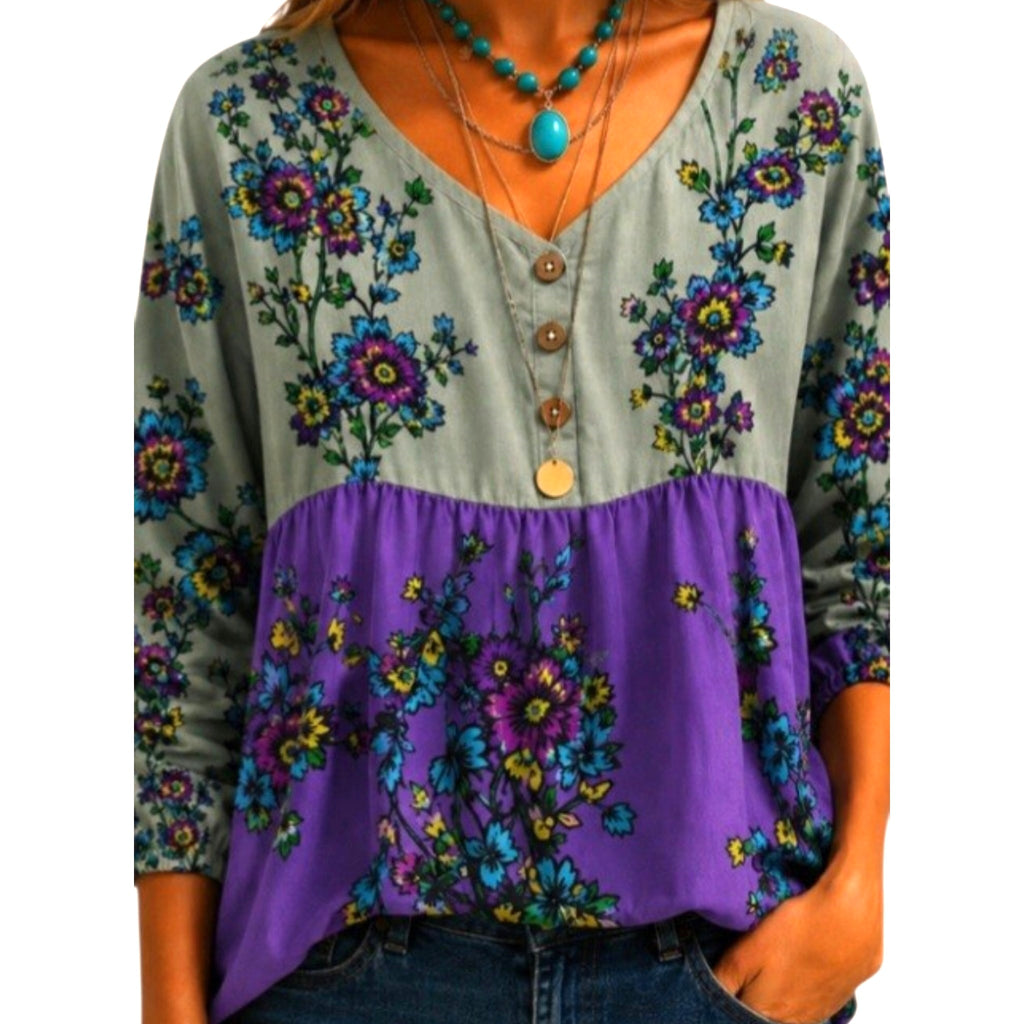 Boho Floral Peasant Top for Women — Lavender & Green Blouse | Gift Idea-Size: M