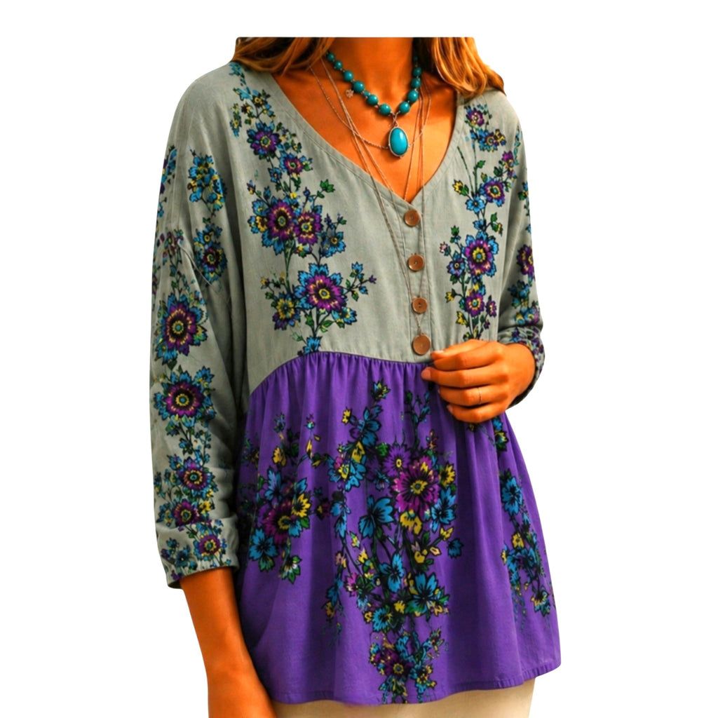 Boho Floral Peasant Top for Women | 70s Hippie Blouse – Size XL