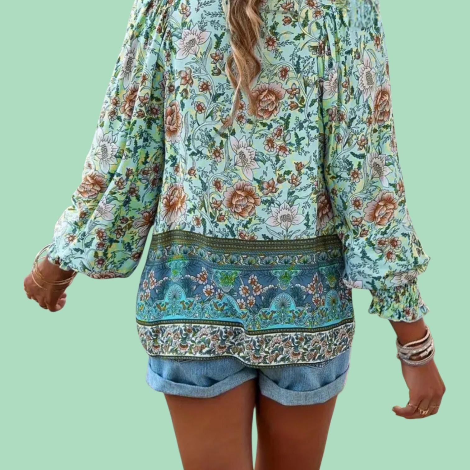 Green Boho V-Neck Blouse – Flowy Long Sleeve with Tie Closure, Elegant Bohemian Style – Size L