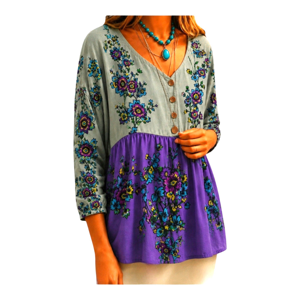 Boho Floral Peasant Top for Women — Lavender & Green Blouse | Gift Idea-Size: M