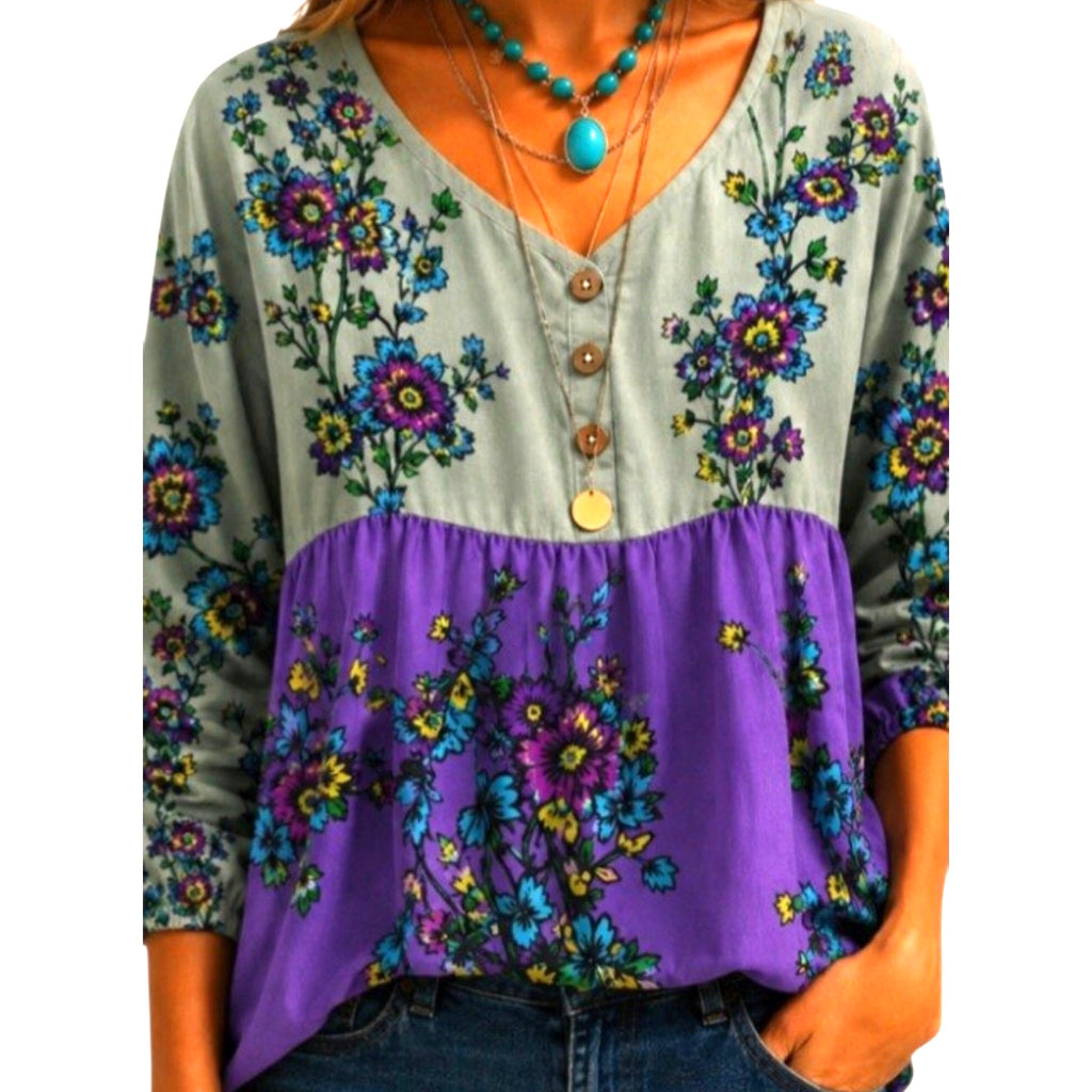 Boho Floral Peasant Top for Women — Lavender & Green Blouse | Gift Idea-Size: M