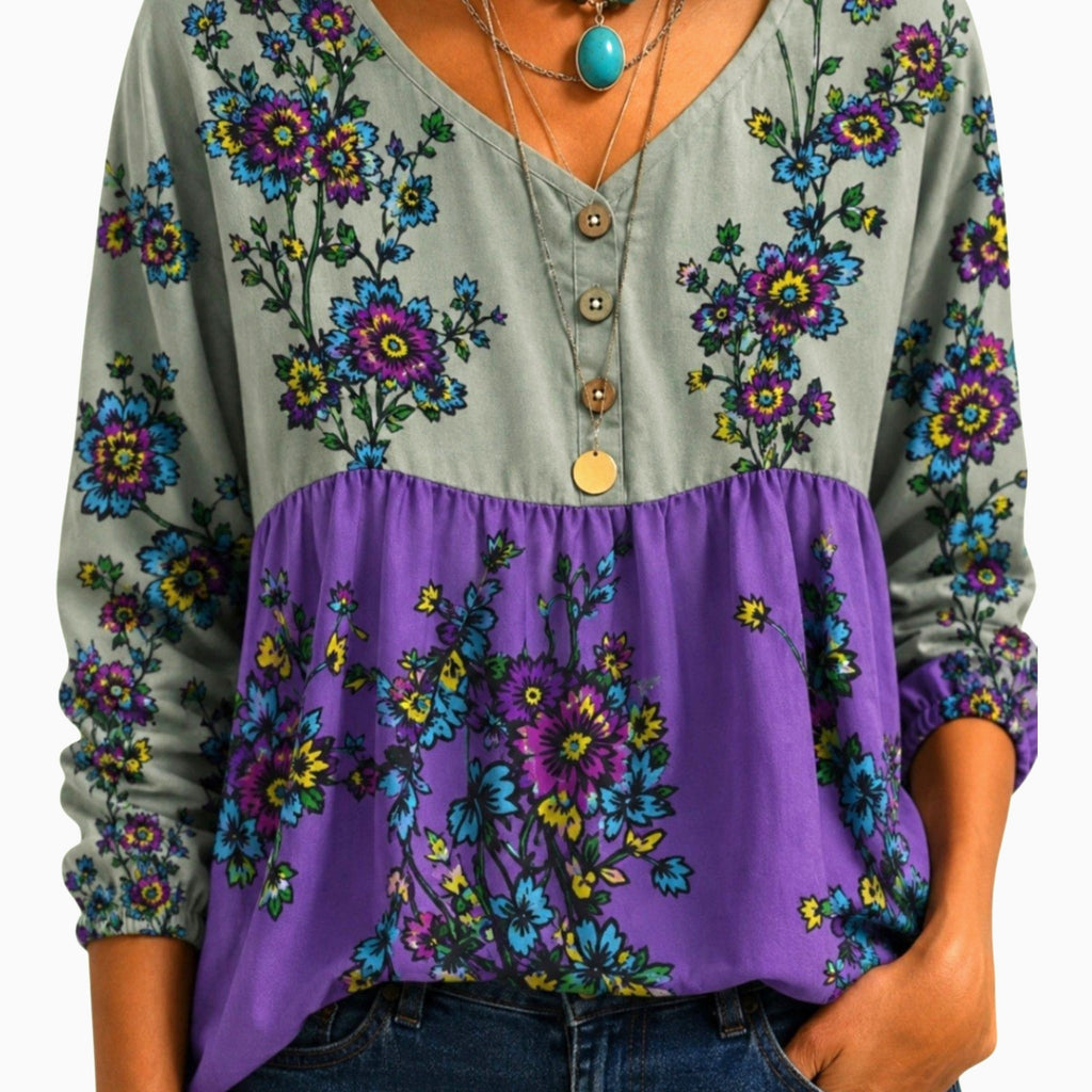Boho Floral Peasant Top for Women — Lavender & Green Blouse | Gift Idea-Size: M