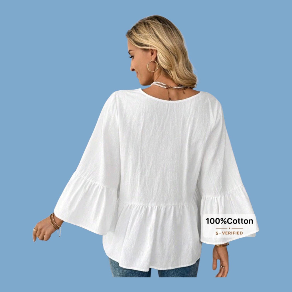 Boho 100% Cotton White V-Neck Flowy Top – Hippie Loose Fit – L