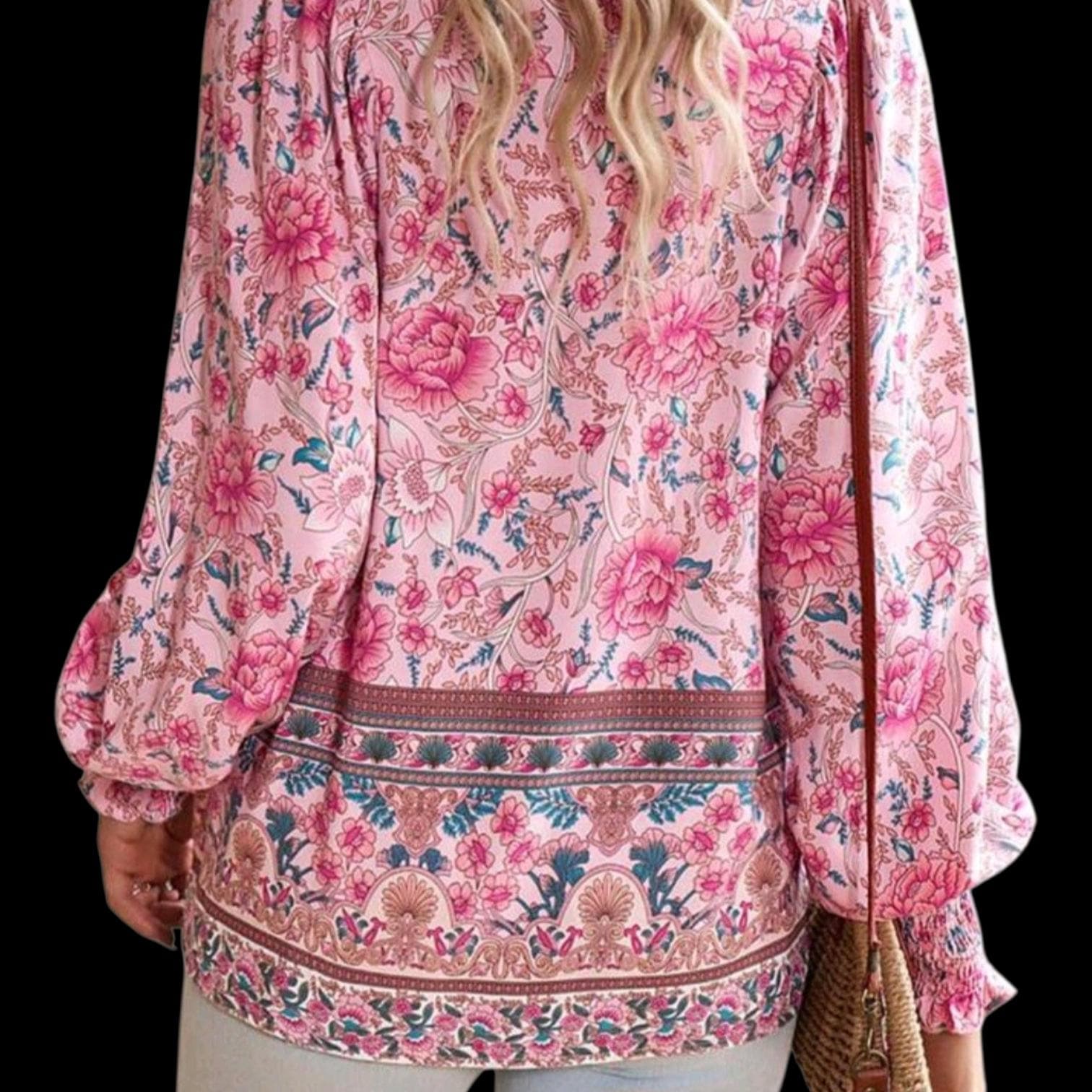 N-Floral Chiffon Boho Blouse – Flowy V-Neck with Ties, Long Sleeves – Elegant Bohemian Style – Size L