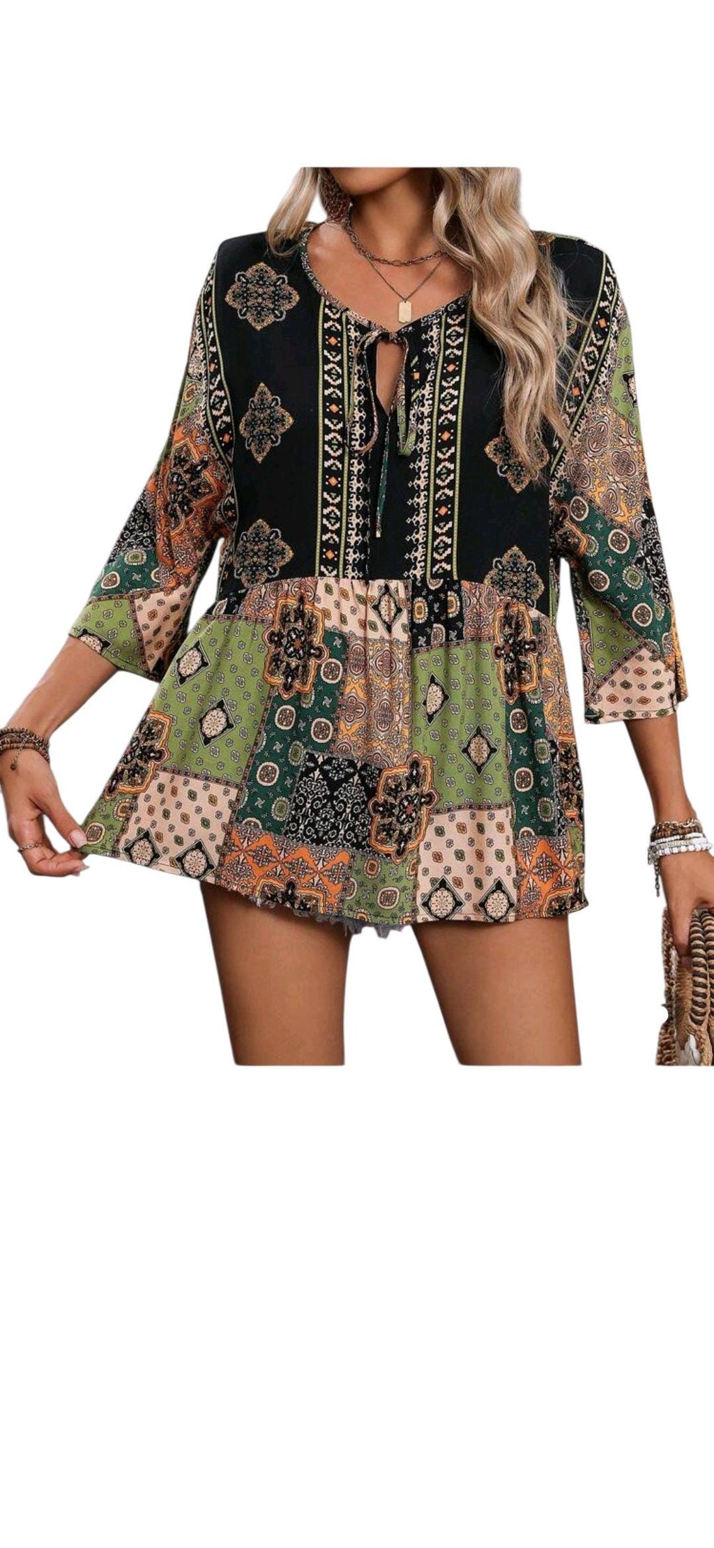 Bohemian Patchwork Peplum Tunic – V-Neck with Lace-Up Ties, 3/4 Sleeves – Size M