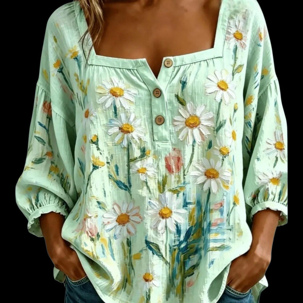Women's Mint Daisy Print Boho Blouse | Boutique Floral Flowy Top – Size L