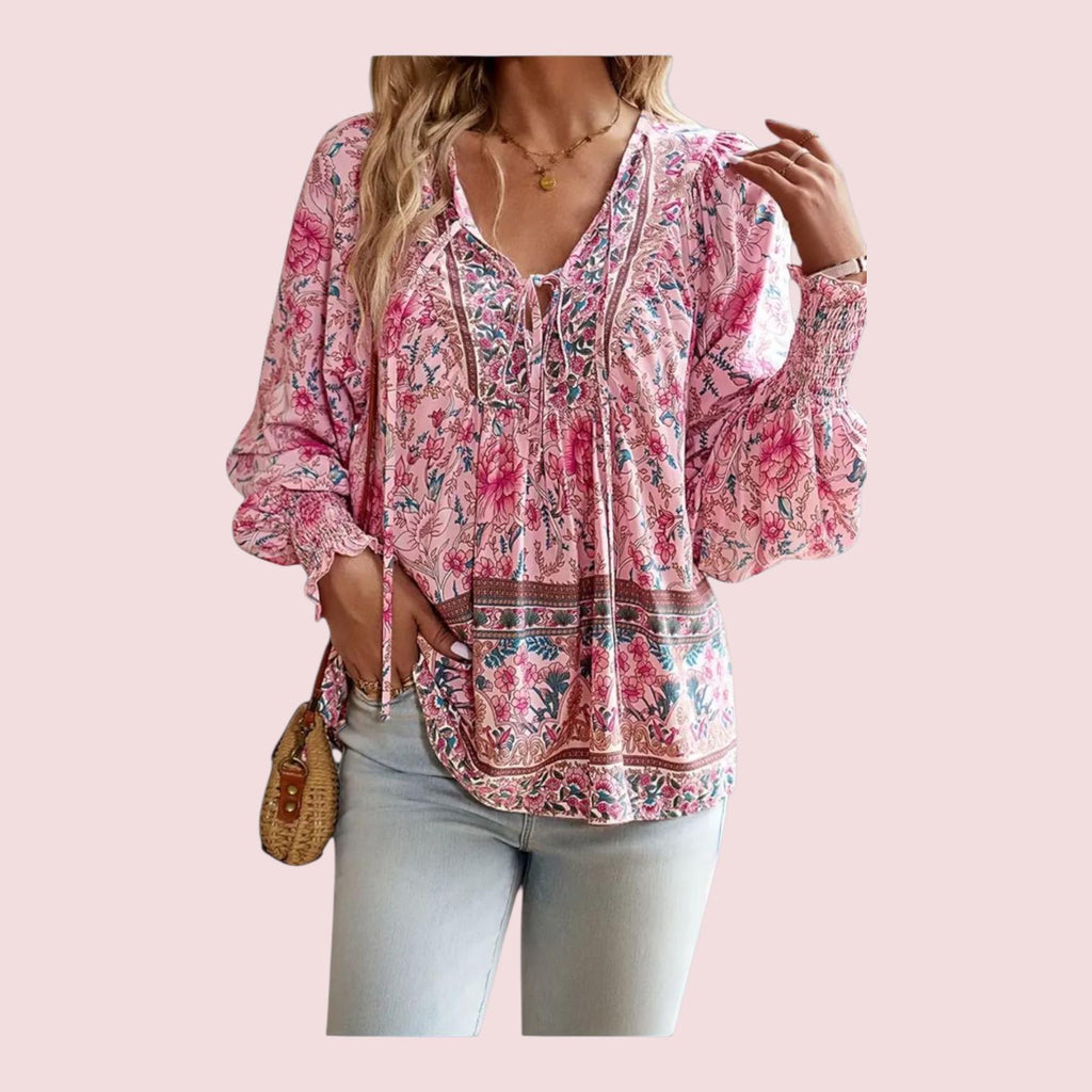 Pink Boho Flowy Blouse – V-Neck, Long Sleeves, Loose Relaxed Fit – Elegant Bohemian Style – Size L