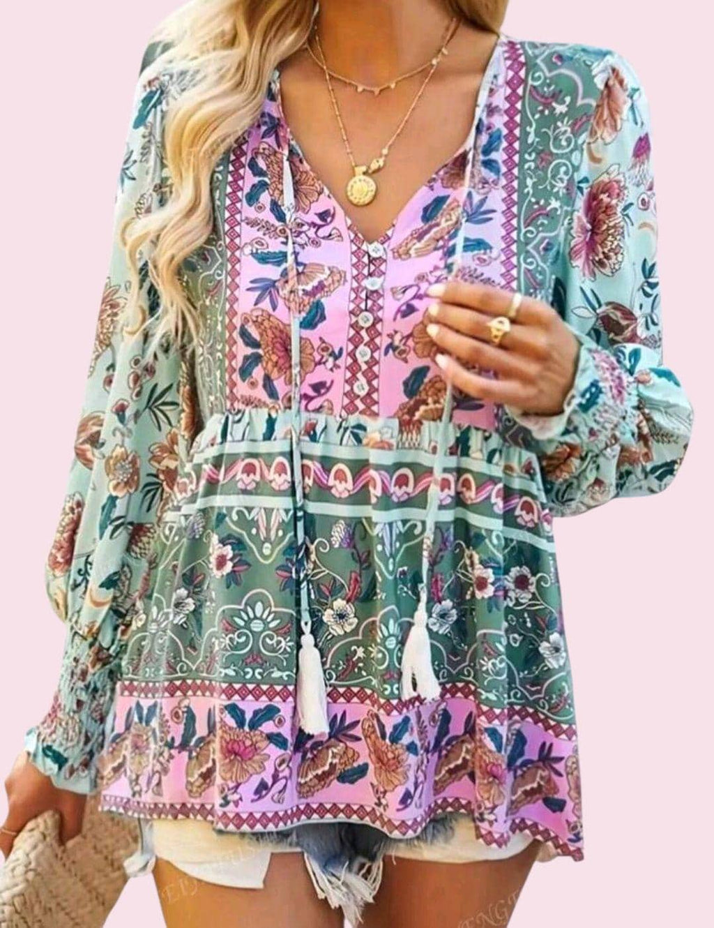 Women's Boho Pink & Blue Floral Tunic Top | Long Sleeve V-Neck with Tassels – Size XL