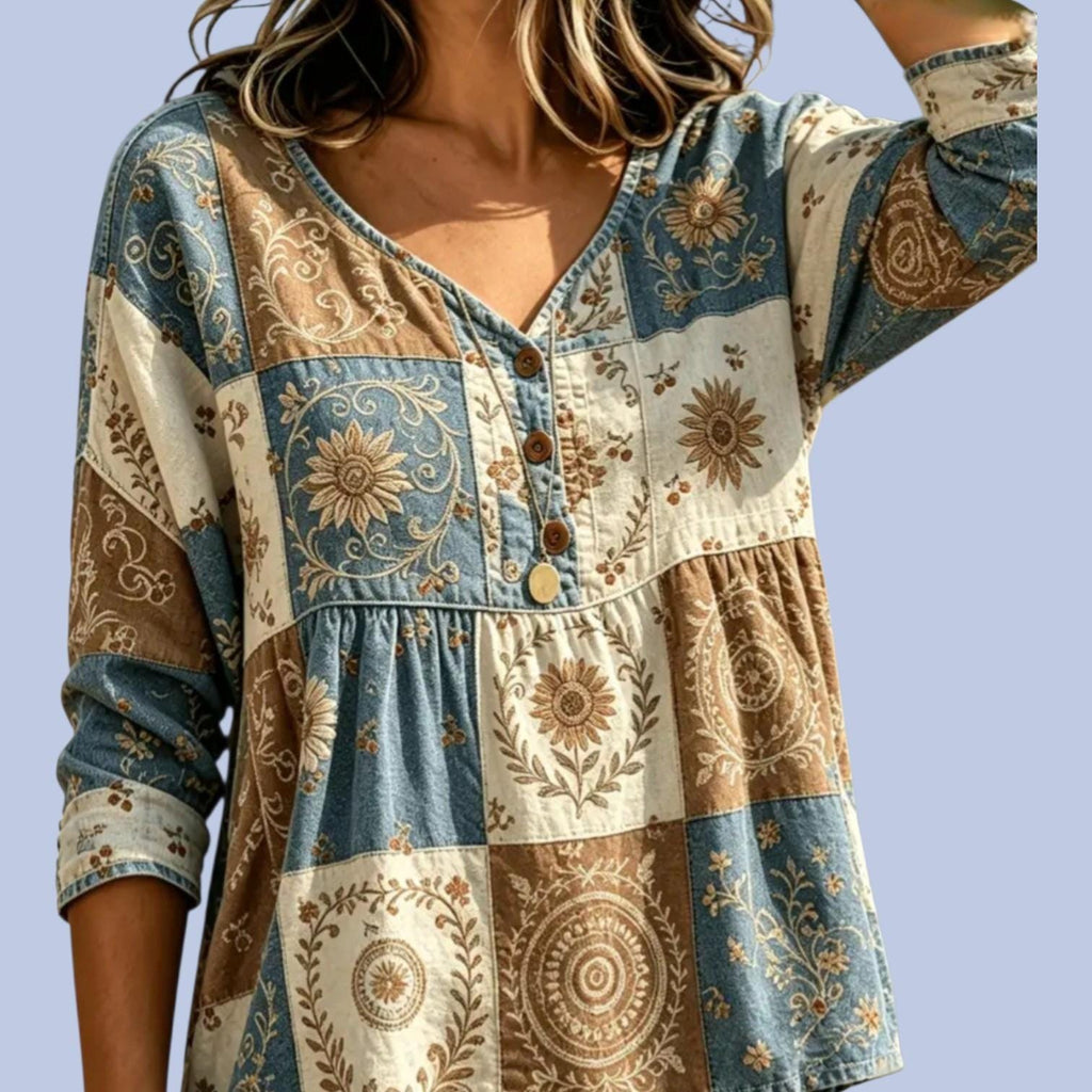 Women's Boho Blouse | V-Neck 3/4 Sleeve Ethnic Southwest Tunic – Size XL