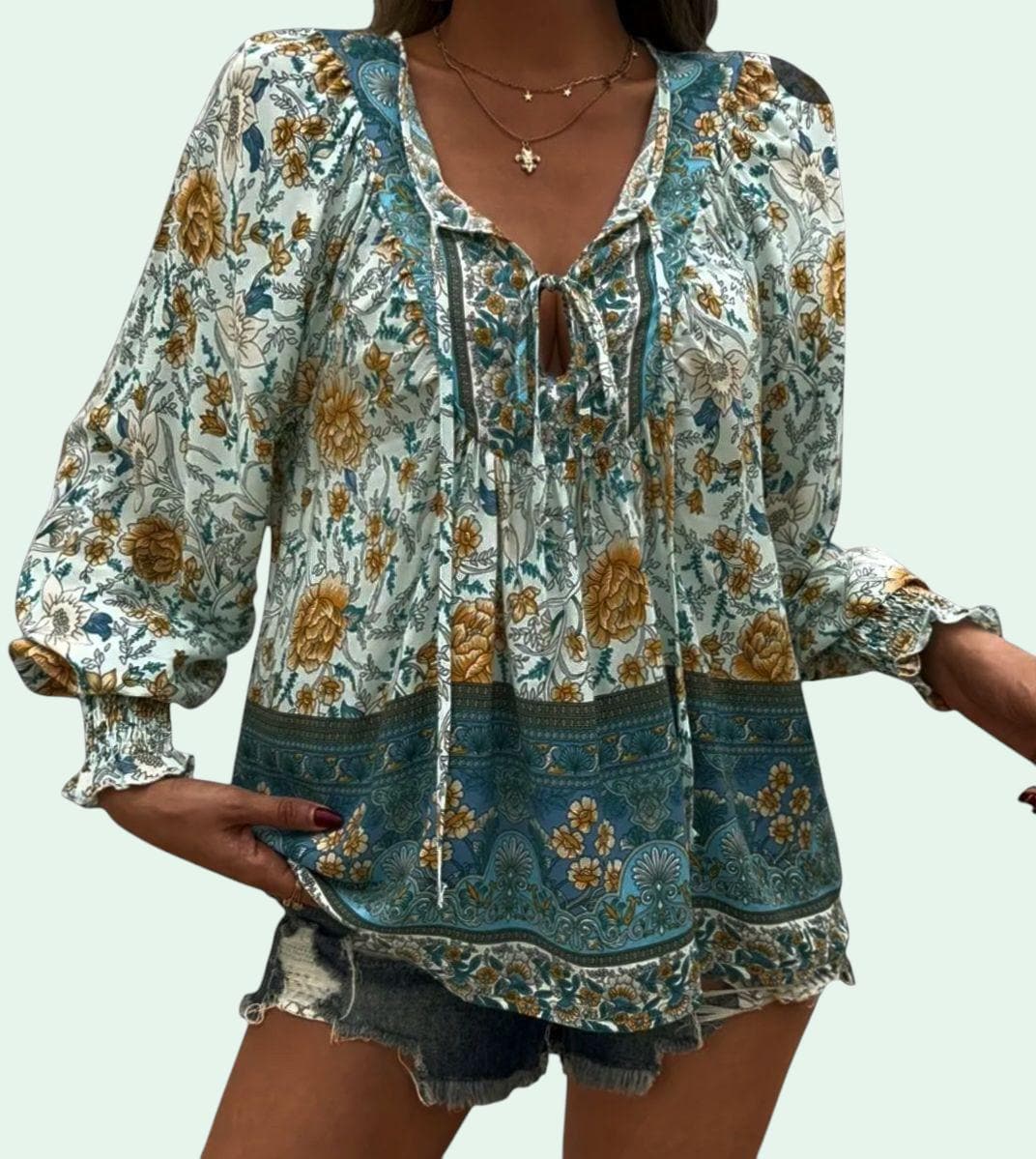 Boho Green Flowy Peasant Blouse – Hippie V-Neck with Ties – XL