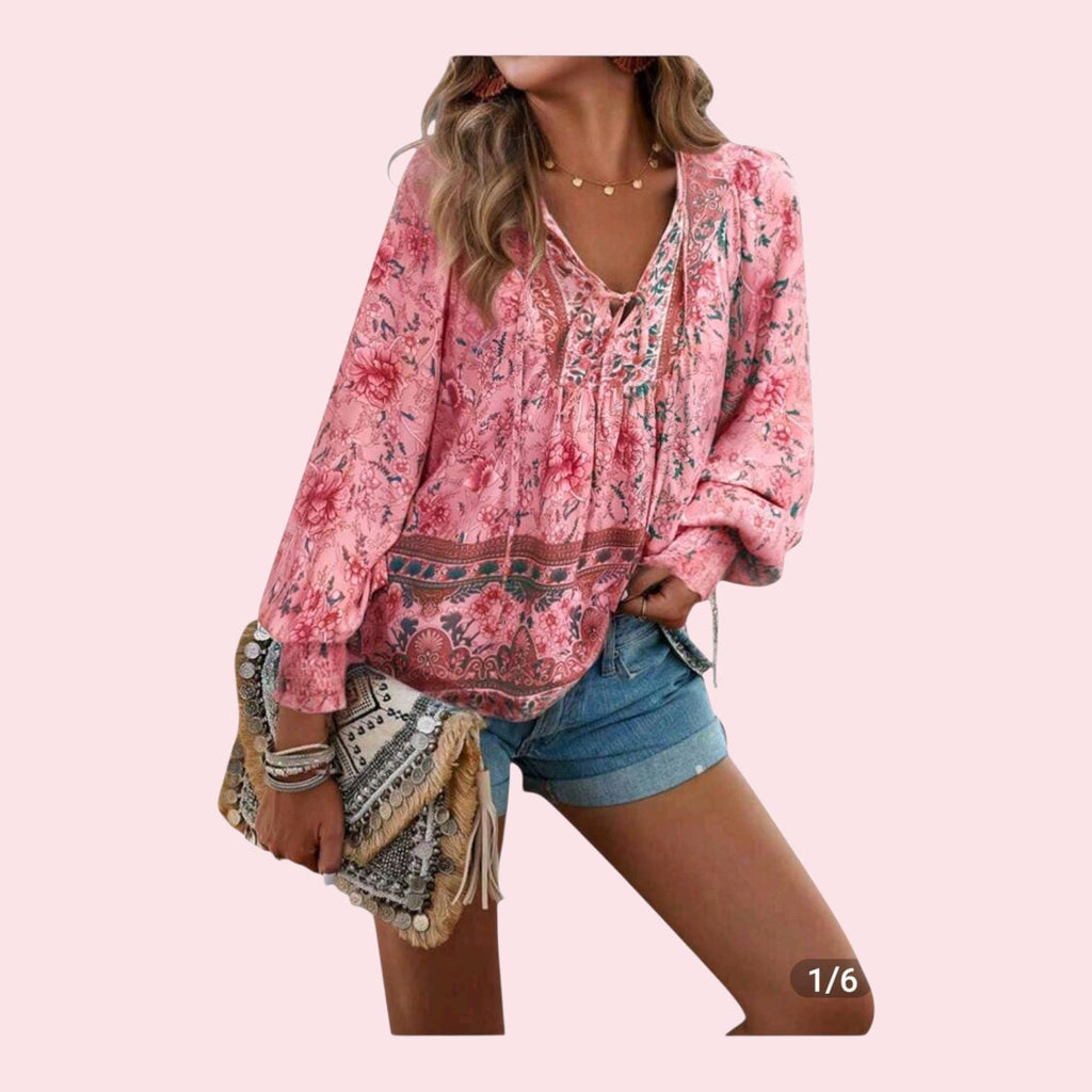 Boho Pink Soft-Drape Flowy V-Neck Top with Ties – Long Sleeves Elegant Boho Style – XXL