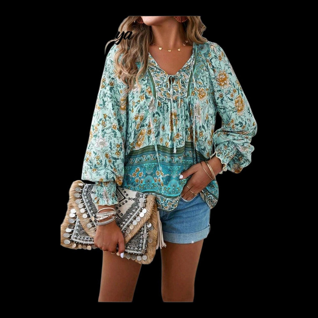 Women's Boho Blue Floral Blouse | Viscose V-Neck Long Sleeve with Ties – Size L