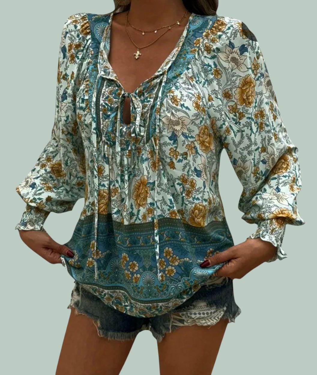 Boho Green Flowy Peasant Blouse – Hippie V-Neck with Ties – XL
