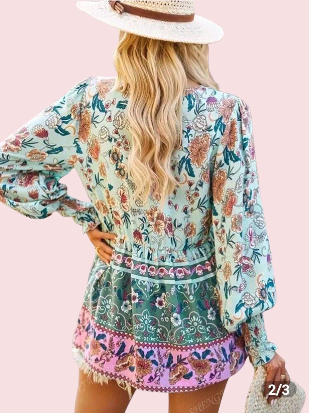 Women's Boho Pink & Blue Floral Tunic Top | Long Sleeve V-Neck with Tassels – Size XL