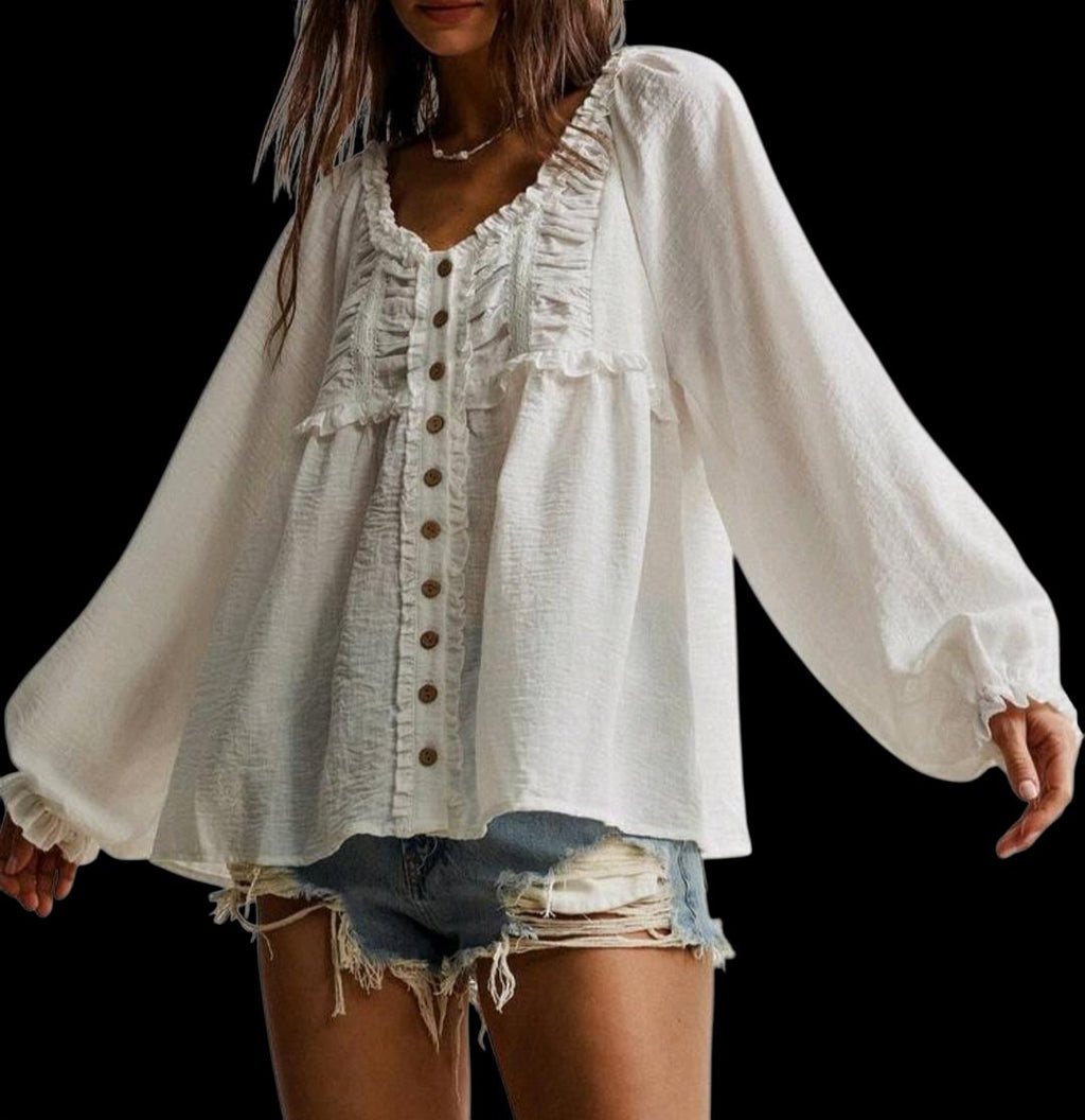 Boho White Flowy Blouse – Ruffle V-Neck, Bishop Sleeves, Relaxed Fit | Women's Large