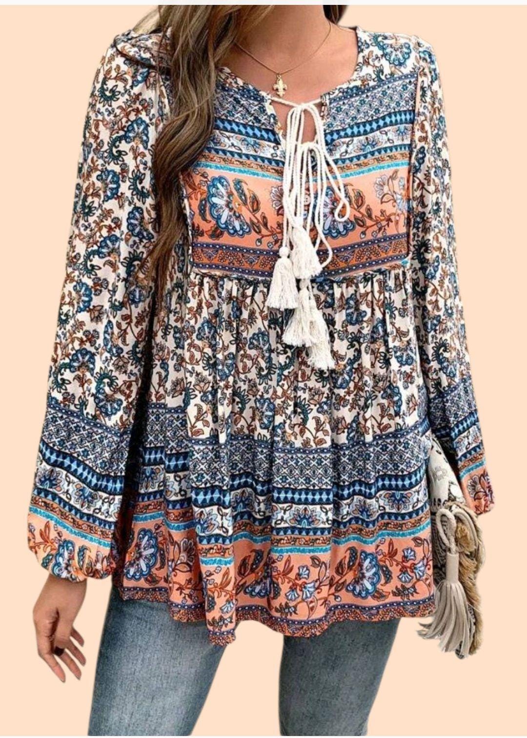 Boho Blue & Peach Long Peplum Blouse – Tassel Ties, Flowy Long Sleeves, Relaxed Fit | Size L (Large)