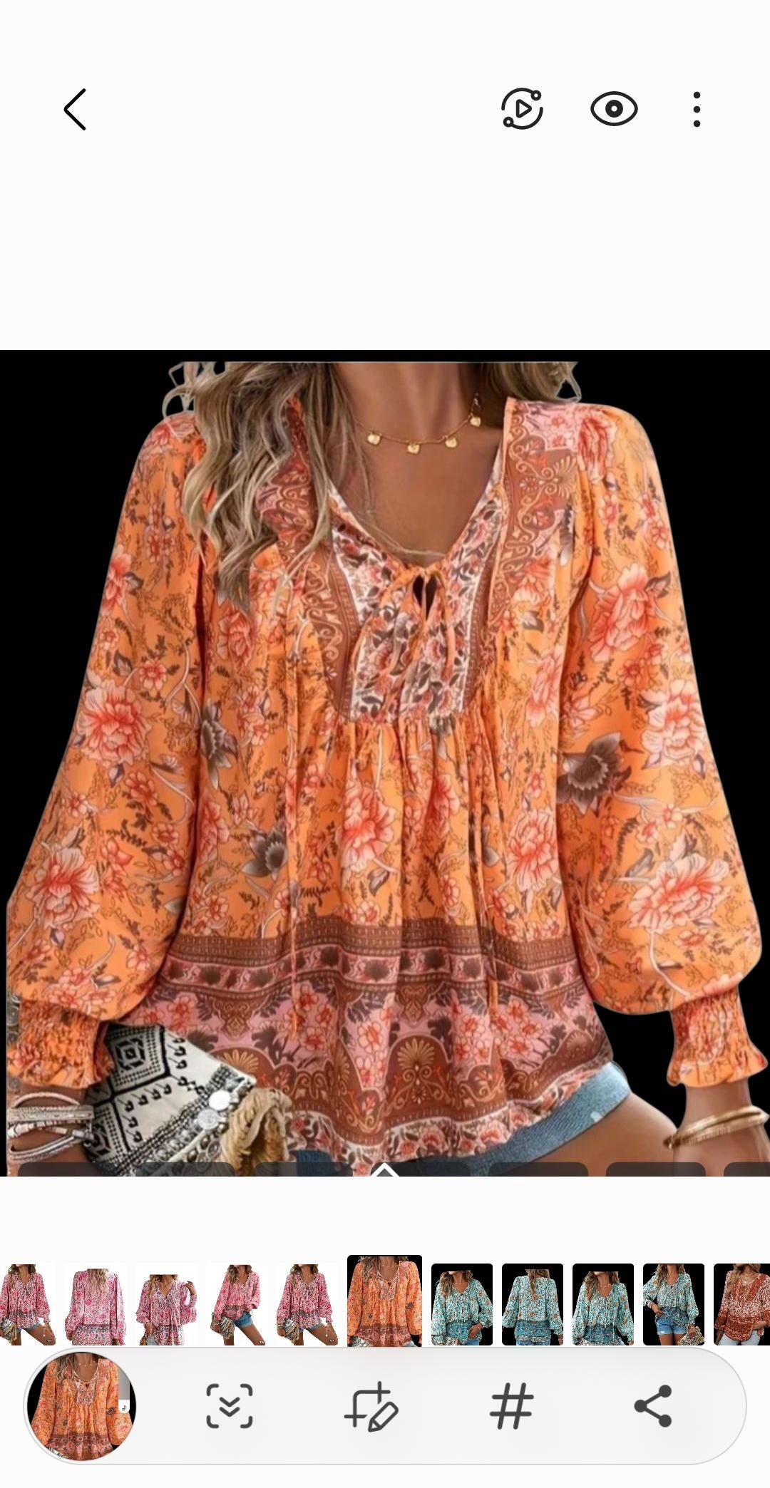 Women's Orange Boho Flowy Top – V-Neck with Ties, Long Sleeves – Size XL