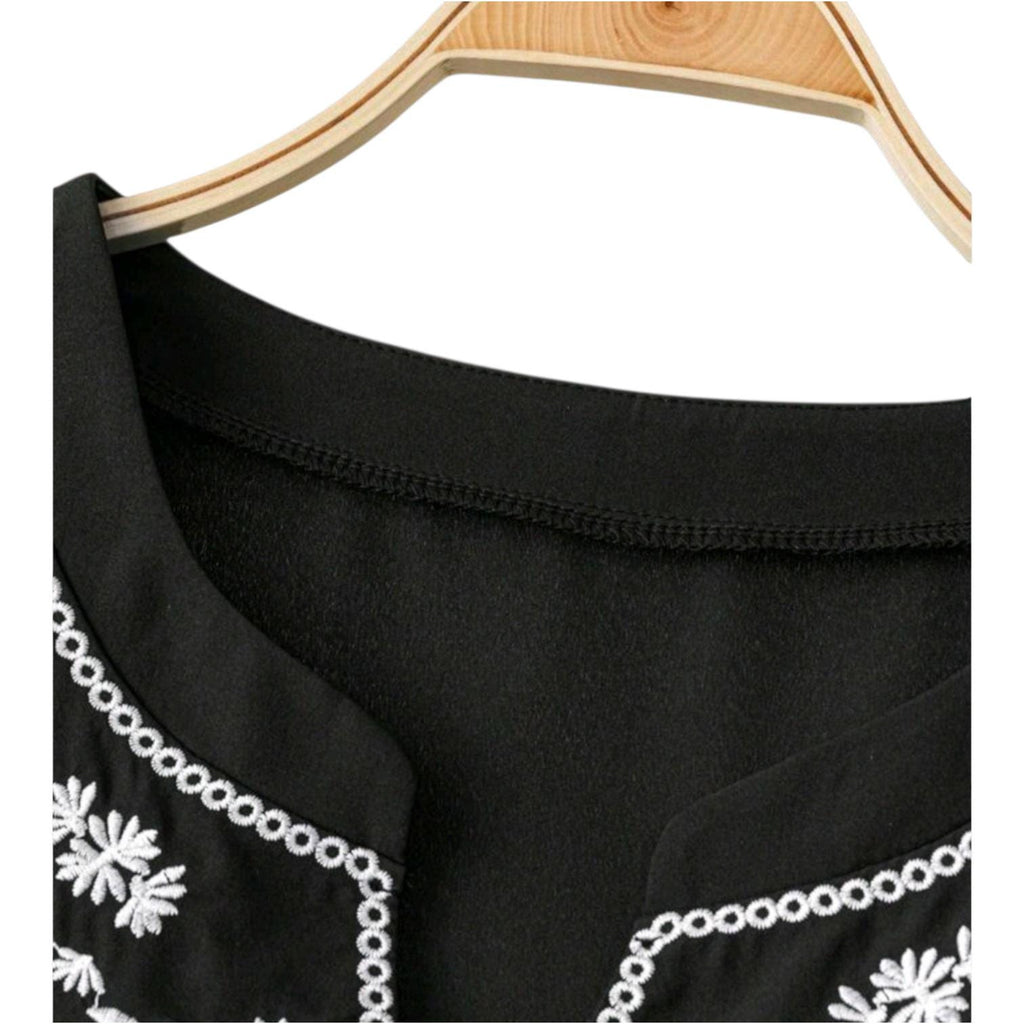 Boho Black Blouse with White Embroidery – 3/4 Bishop Sleeves, Relaxed Fit | Plus Size 16 (2XL)
