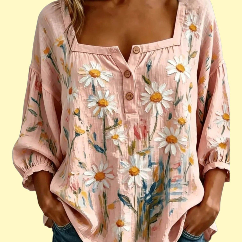 Boho Pink Floral Peasant Blouse — Square Neck, Drop Shoulder | Loose 70s Hippie Top | Women's XXL