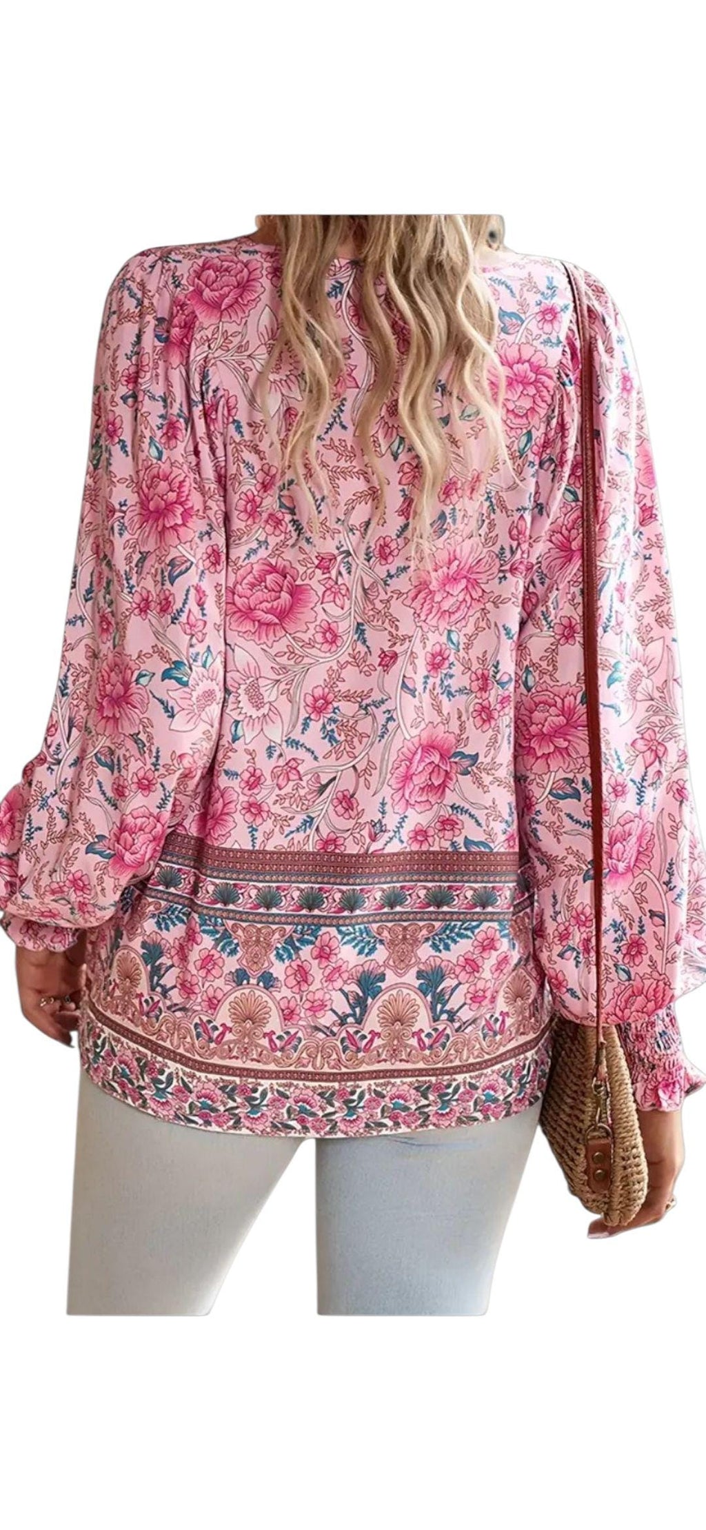 Women's Floral Boho Blouse | Relaxed Fit Babydoll Top, Long Sleeves, V-Neck – Size XXL