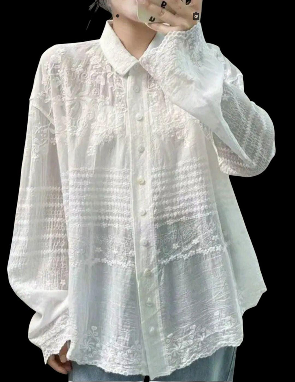 Women's White Cotton Boho Blouse | Button-Down Flowy Top – One Size
