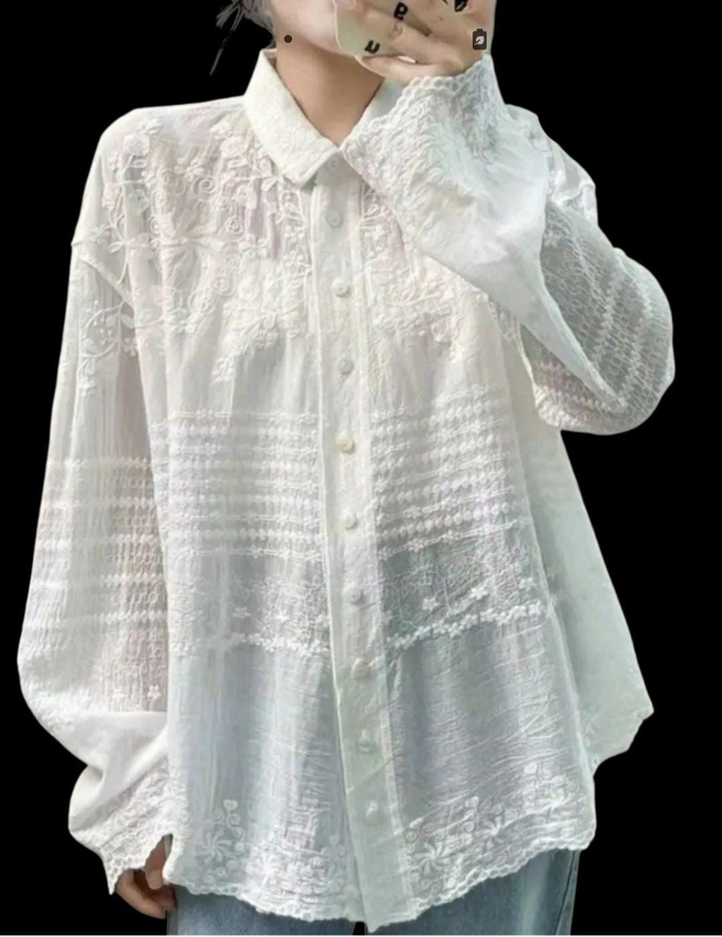 Bohemian White Cotton Blouse - One Size Button-Down Lapel Neck with Lace Detail