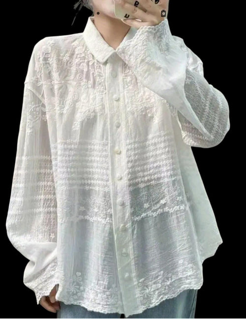Bohemian White Cotton Blouse - One Size Button-Down Lapel Neck with Lace Detail