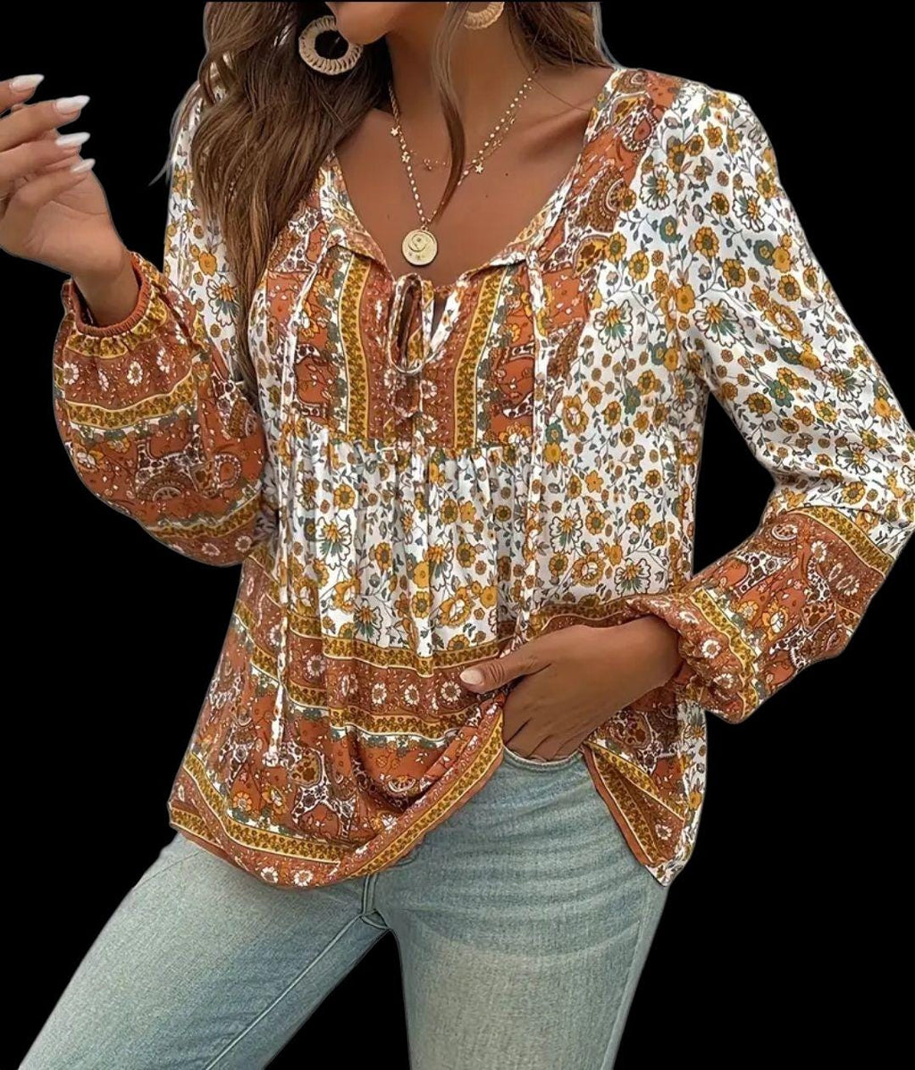 Boho (S) Women's Casual Floral Coffee Brown Blouse with Long Sleeves, V-neck and Ties.