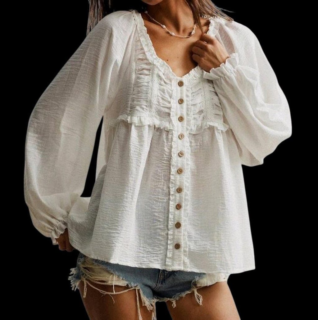Boho White Flowy Blouse – Ruffle V-Neck, Bishop Sleeves, Relaxed Fit | Women's Large