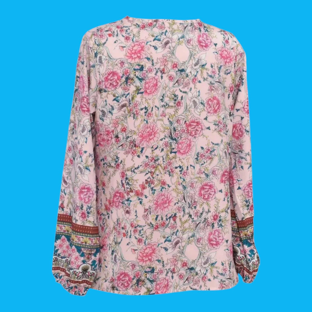 Plus Size Pink Floral Boho Blouse – V-Neck with Ties, Flowy Relaxed Fit – Elegant Bohemian Style – Size 22 (5XL)
