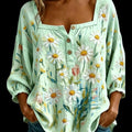 Boho Mint Green Loose Hippie Blouse with V-Neck and 3/4 Sleeves | Size M