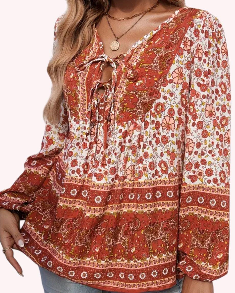 Women's Boho Blouse – Flowy Bohemian Top, Earth Tone Long Sleeve Shirt, Fall Festival Outfit, Hippie Style Top- Size: S