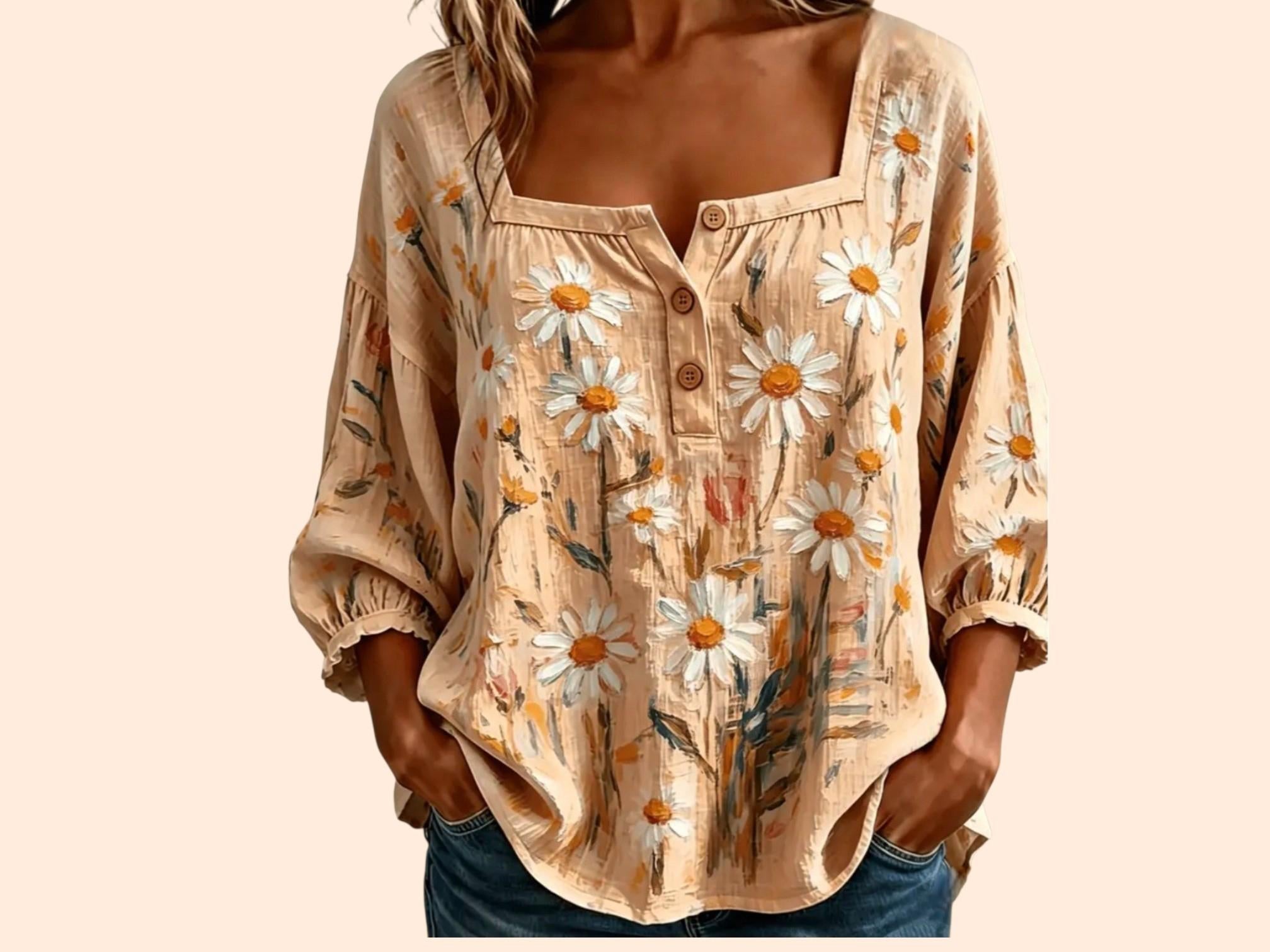 Women's Boho Peach Blouse | Square Neck 3/4 Sleeve Hippie Top – Size XL