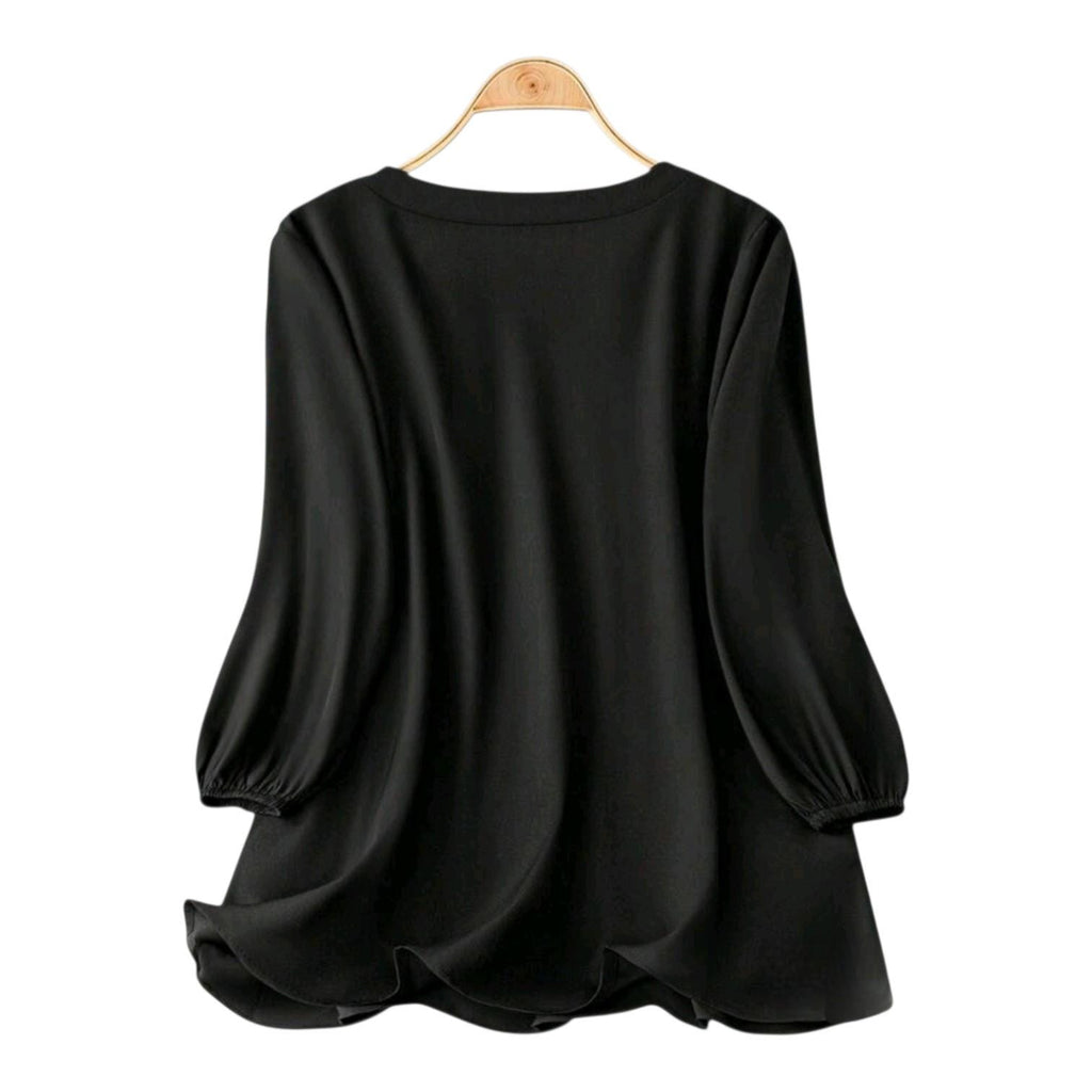 Boho Black Blouse with White Embroidery – 3/4 Bishop Sleeves, Relaxed Fit | Plus Size 16 (2XL)