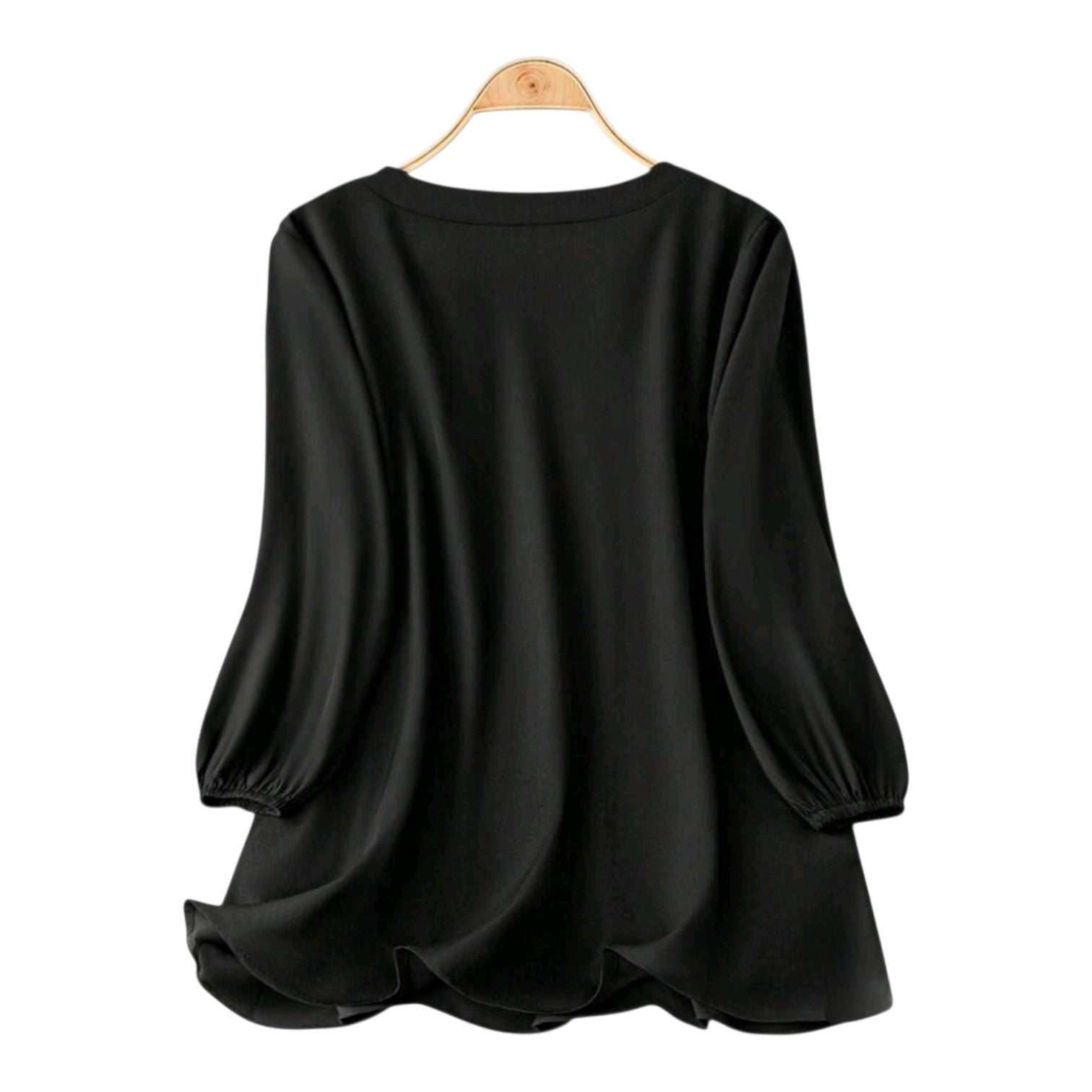 Boho Black Blouse with White Embroidery – 3/4 Bishop Sleeves, Relaxed Fit | Plus Size 16 (2XL)