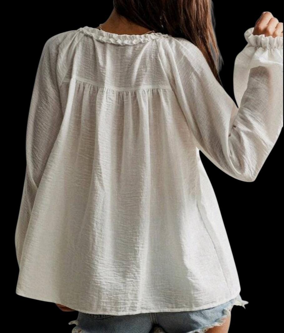 Boho White Flowy Blouse – Ruffle V-Neck, Bishop Sleeves, Relaxed Fit | Women's Large
