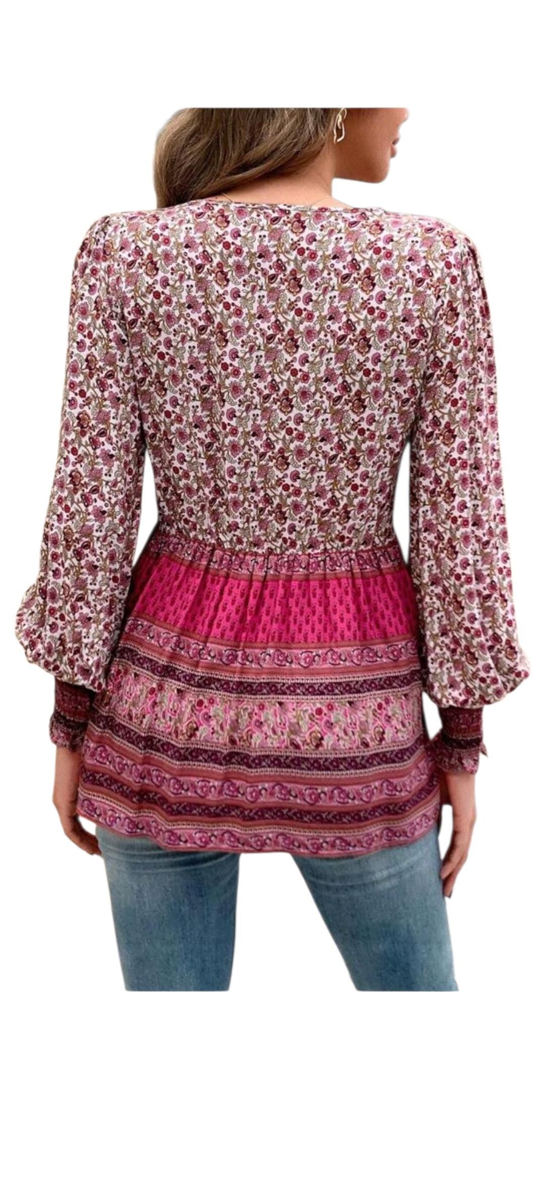 Women's Boho Rose Pink Peplum Blouse | V-Neck Tassel Detail Long Sleeve Tunic – Size XL