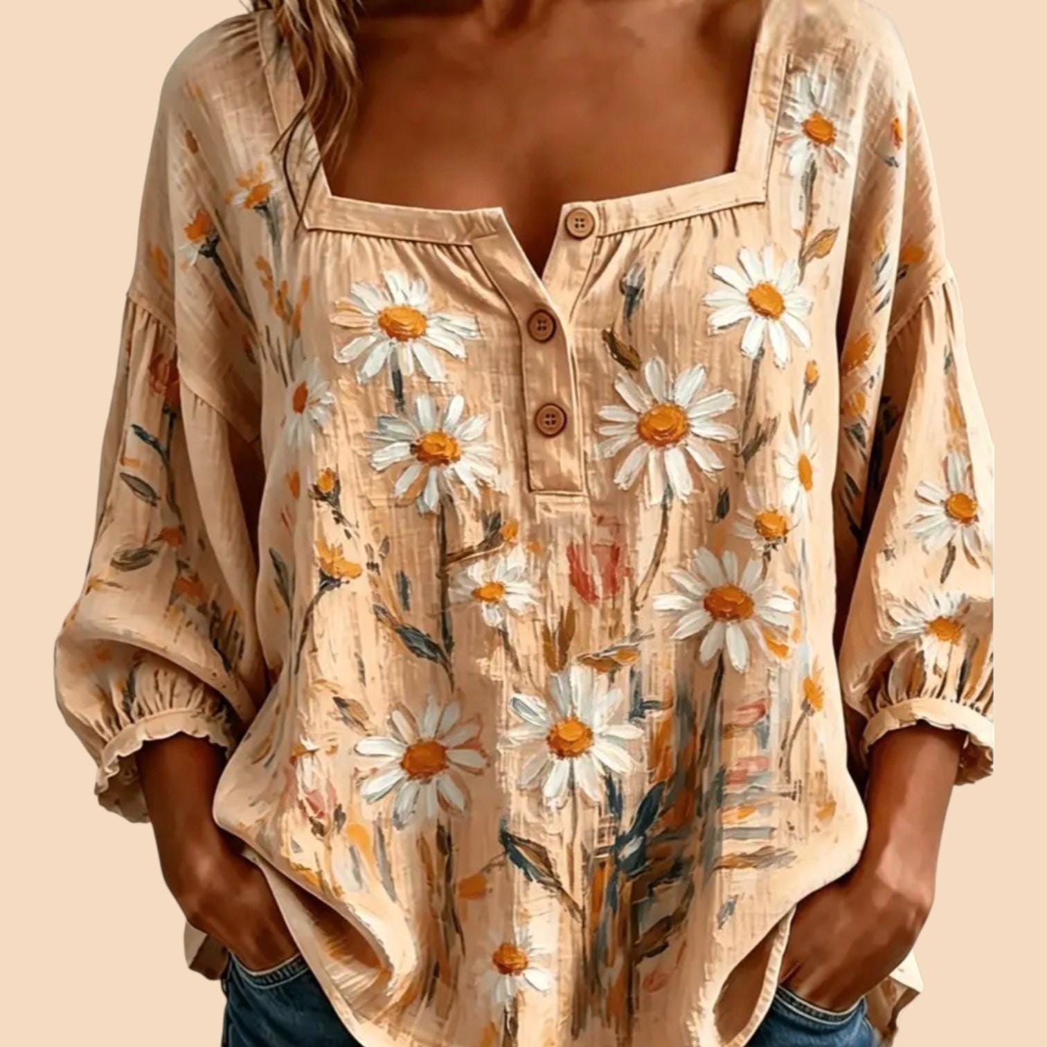 Boho Peach Daisy Patchwork Blouse | Loose Peasant Top | Women's Bohemian Shirt | XXL